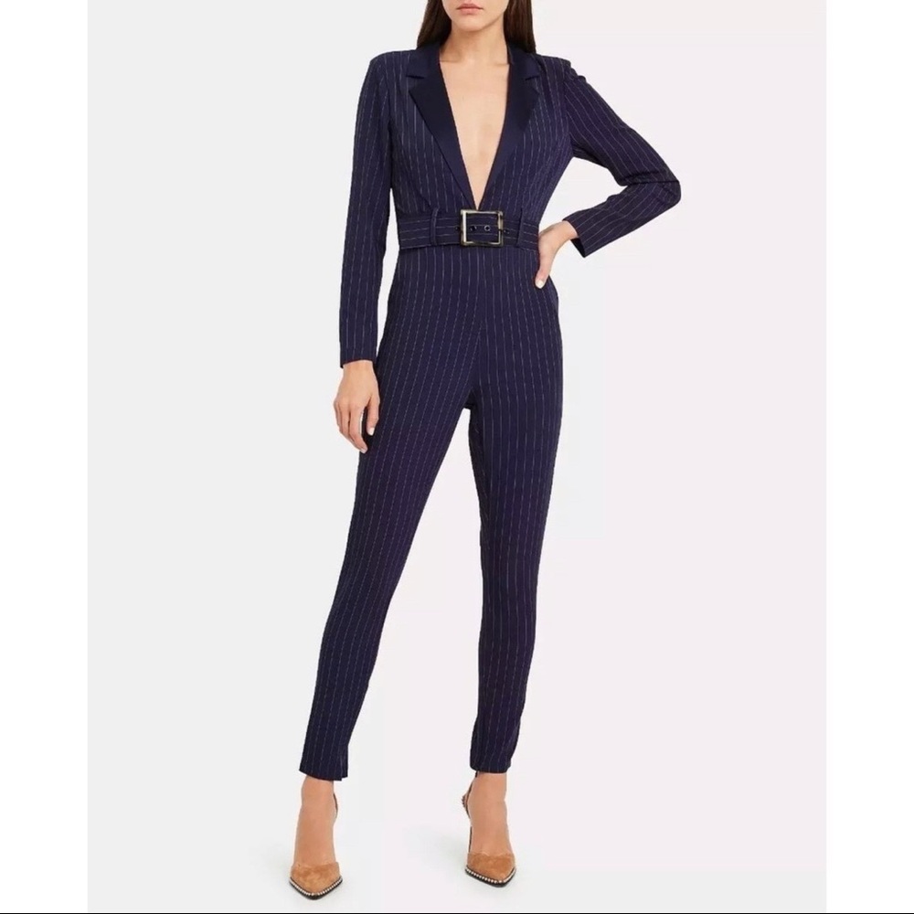 WeWoreWhat: Navy Pinstripe Belted Blazer Jumpsuit Slim Leg, Ankle Length Sz XL